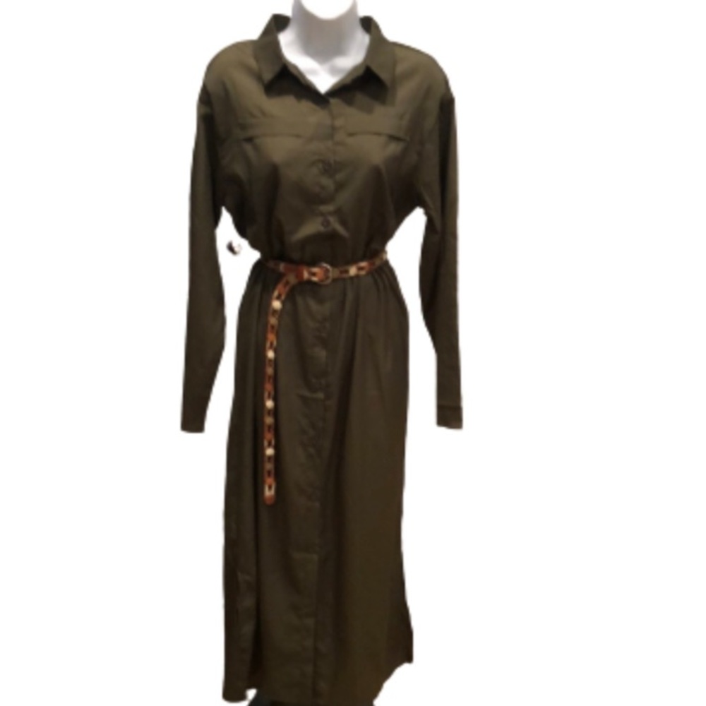 Olive green button front long sleeve dress•casual style•polyester•size 2XL•NWOT